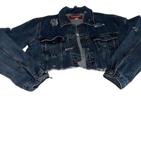 Vintage Wrangler Hero Distressed Cropped Denim Jacket With Raw Hem & Ripped Deta - Picture 2 of 11